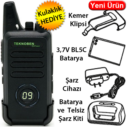 TEKNOBEN (HI-POWER) SUPER MİNİ LİSANSSIZ EL TELSİZİ (KULAKLIK+CRADLE+ŞARJ) 