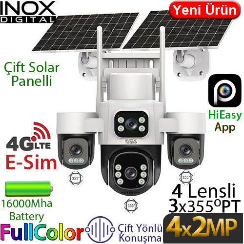 INOX (X32) 1/1,8 4X2MP 4G ESİM DESTEKLİ AI ISP İŞLEMCİLİ 16.000MAH BATARYALI SOLAR 3 PTZ KAM.40Mt.