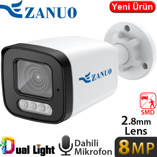 ZANUO (ZN-IPC-B1810C-S2-AS-L-2.8MM) 8MP 2.8MM DUAL LIGHT IP67 DAH.MİK.128GB SD BULLET IP KAMERA 40MT
