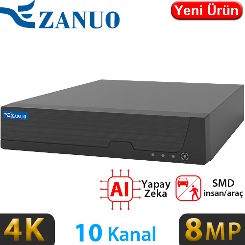 ZANUO (ZN-NVR1108M) 10 KANAL 1x14TB HDD DESTEKLİ 8MP KAMERA DESTEKLİ 4K NVR KAYIT CİHAZI