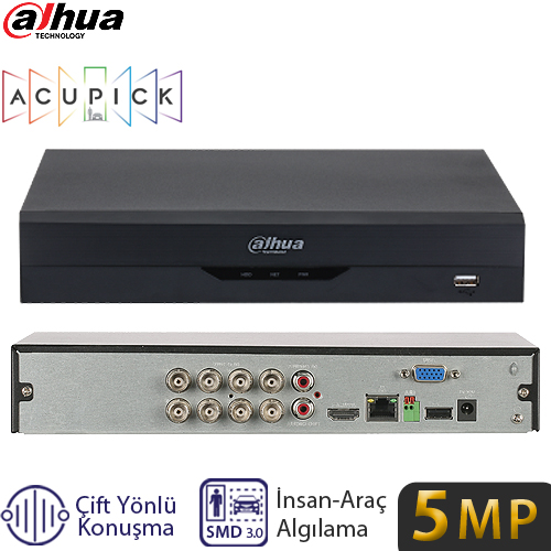 DAHUA (XVR5108HS-5M-I3/T) 8 KANAL 5MP HDMI/VGA 1xUSB 1x16TB SATA HDD XVR KAYIT CIHAZI