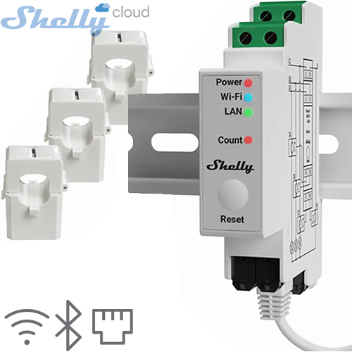 SHELLY (Pro 3EM-120) ENERJİ MONİTÖRÜ 120A DIN RAIL (WIFI,BLUETOOTH,LAN) (94X19X69mm)