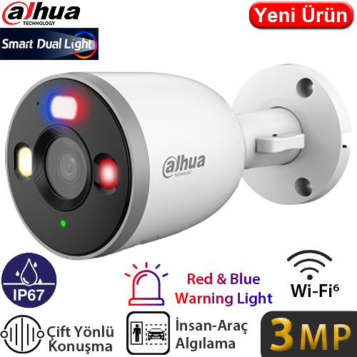 DAHUA (F3D-PV) 3MP WI-FI IP67 KIRMIZI MAVİ IŞIKLI SMART KARŞILIKLI KONUŞMA BULLET KAMERA
