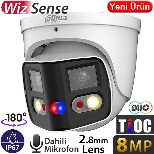 DAHUA (IPC-PDW3849-A180-AS-PV) 8MP 2X4MP 2.8MM DAH. MİK. SES VE LEDLİ ALARM IP67 FULL COLOR DOME 25M
