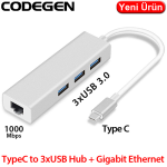 CODEGEN (CDG-CNV85) TYPE C TO 3xUSB 3.0 PORT ÇOKLAYICI HUB VE RJ-45 GIGABIT ETHERNET