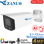 ZANUO (ZN-IPC-B2410E-ZAS-L) 4MP 2.7-13.5MM DUAL LIGHT+SMD+YAPAY ZEKA IP67 DAH.MİK.128GB BUL.KAM.50MT